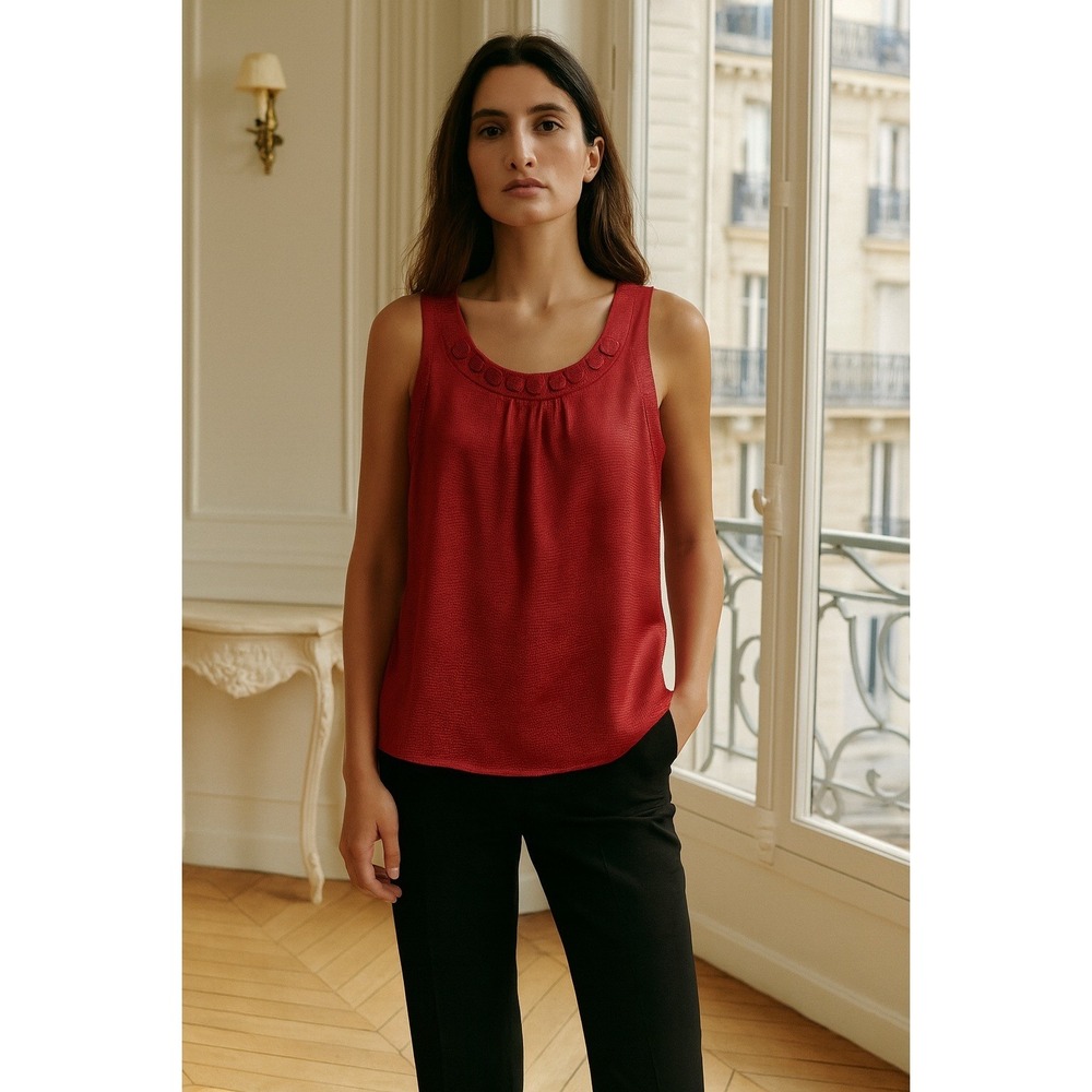 Sleeveless Tank Top Red Textured Dressy Blouse Career Casual